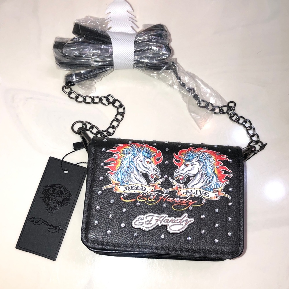 Ed Hardy Black & Multi Color Dead Or Alive Mini Crossbody Bag Rhinestones NWT